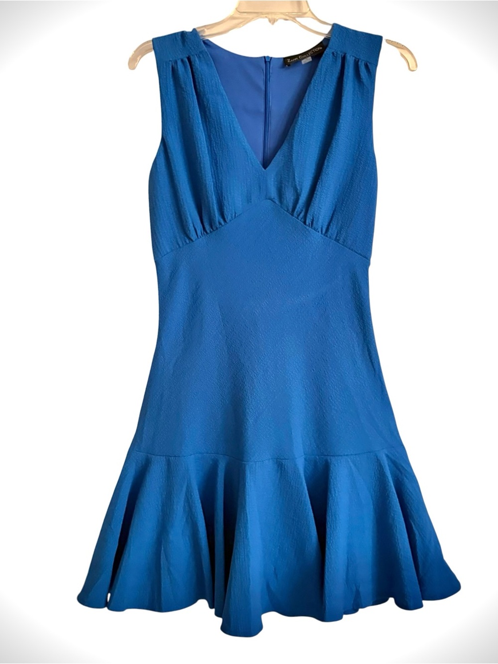 Zarr Collection Blue V-Neck Drop Waist Ruffle Hem Mini Dress Womens 8 Lined EUC - Picture 2 of 12